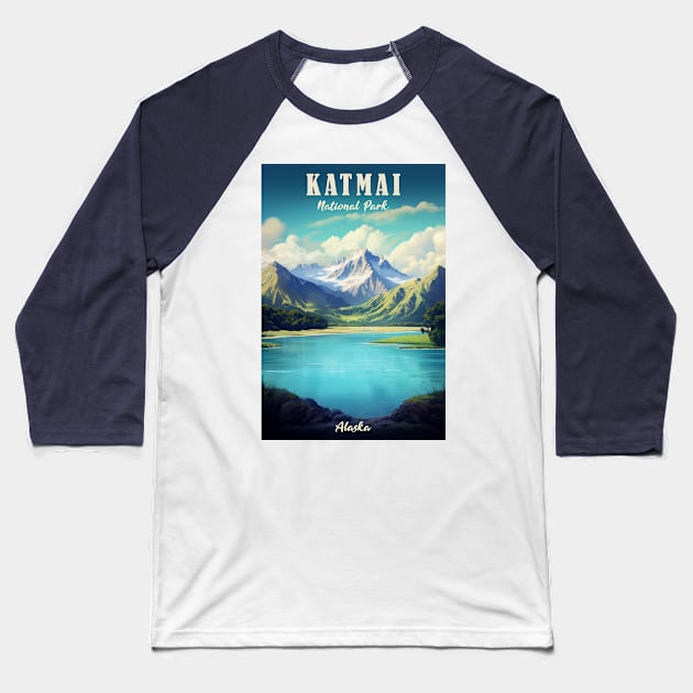 Katmai National Park Travel Poster Baseball T-Shirt by GreenMary Design